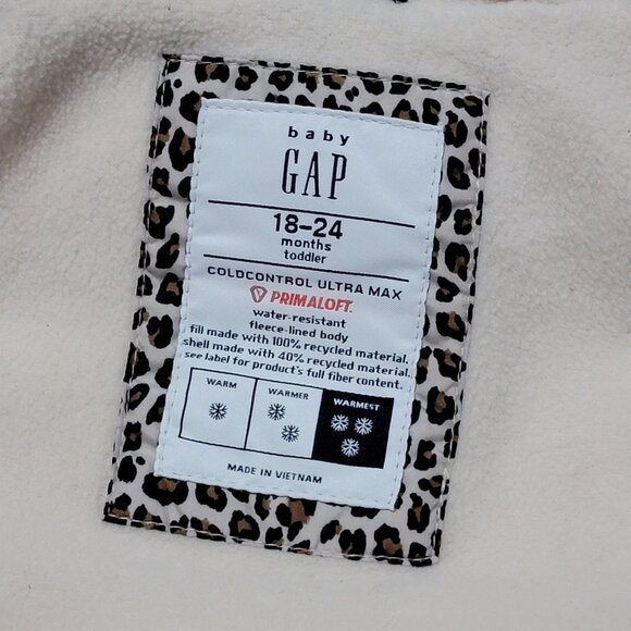 GAP Baby Girl Leopard Puffer Jacket 18-24 Months Primaloft Fleece Lined - Picture 5 of 6